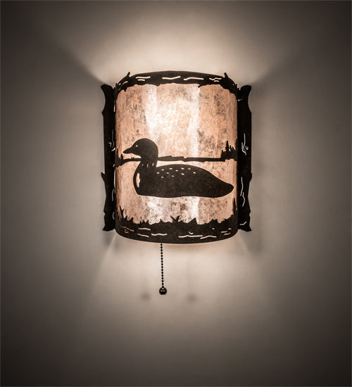Meyda Lighting Loon 220796 9" Distressed Chestnut Left Wall Sconce With Silver Mica Shade Glass
