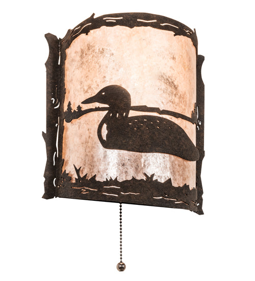 Meyda Lighting Loon 220796 9" Distressed Chestnut Left Wall Sconce With Silver Mica Shade Glass