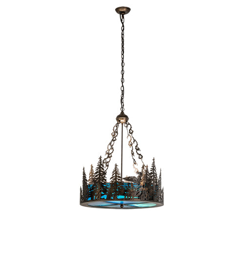 Meyda Lighting Loon 26" 6-Light Antique Copper Inverted Pendant Light With Blue Green Shade Glass