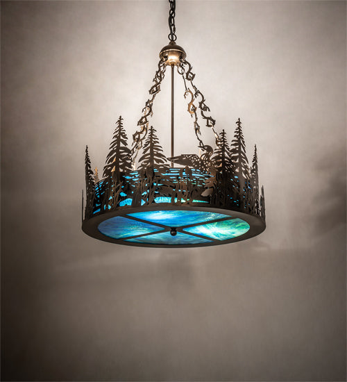 Meyda Lighting Loon 26" 6-Light Antique Copper Inverted Pendant Light With Blue Green Shade Glass