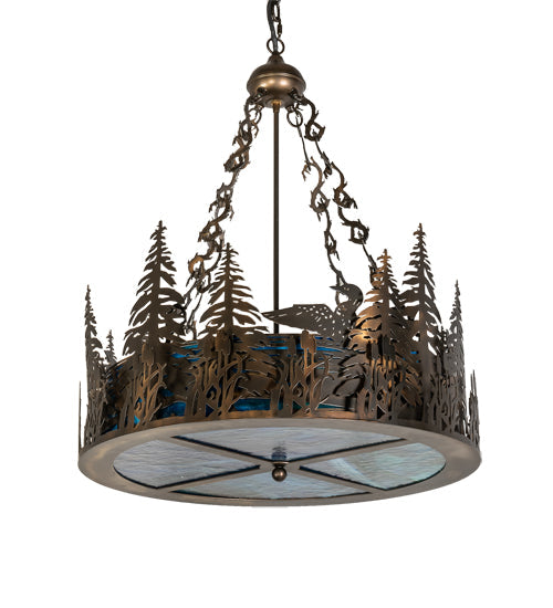 Meyda Lighting Loon 26" 6-Light Antique Copper Inverted Pendant Light With Blue Green Shade Glass