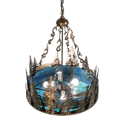 Meyda Lighting Loon 26" 6-Light Antique Copper Inverted Pendant Light With Blue Green Shade Glass