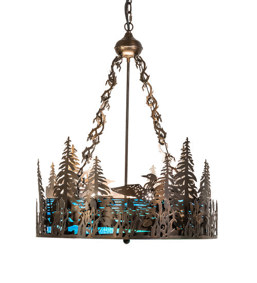Meyda Lighting Loon 26" 6-Light Antique Copper Inverted Pendant Light With Blue Green Shade Glass