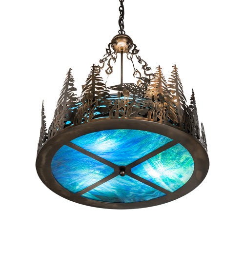 Meyda Lighting Loon 26" 6-Light Antique Copper Inverted Pendant Light With Blue Green Shade Glass