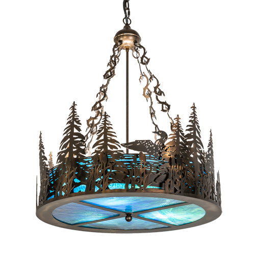Meyda Lighting Loon 26" 6-Light Antique Copper Inverted Pendant Light With Blue Green Shade Glass