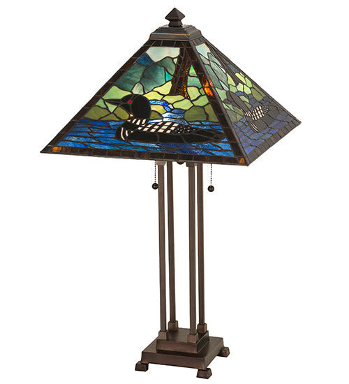 Meyda Lighting Loon 30" 2-Light Mahogany Bronze Table Lamp With Green & Blue Shade Glass