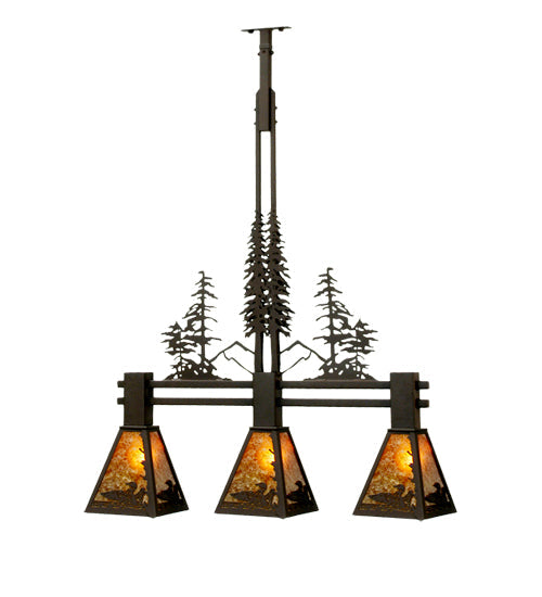 Meyda Lighting Loon 30" 3-Light Cafe Noir Tall Pines Island Pendant Light With Amber Mica Shade Glass