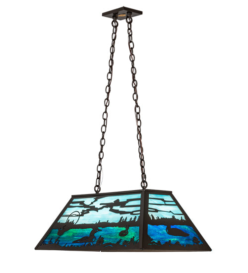Meyda Lighting Loon 33" 6-Light Timeless Bronze Island Pendant Light With Skuy Blue & Blue Green Art Shade Glass
