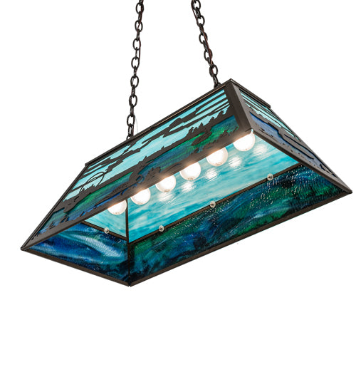 Meyda Lighting Loon 33" 6-Light Timeless Bronze Island Pendant Light With Skuy Blue & Blue Green Art Shade Glass
