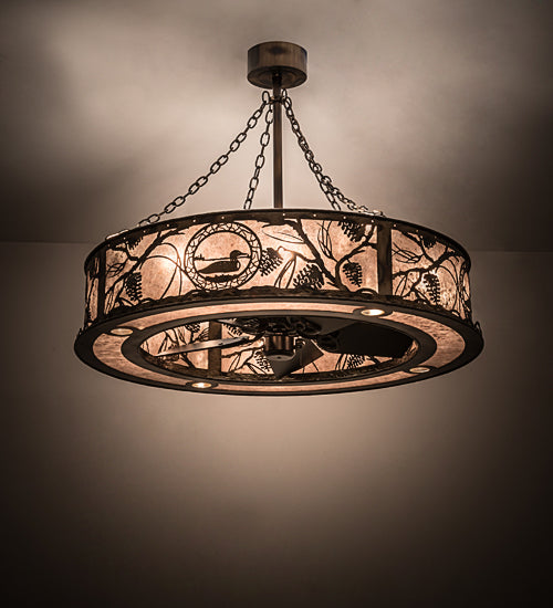 Meyda Lighting Loon 45" 16-Light Burnished Antique Copper Chandelier With Silver Mica Shade Glass and Fan