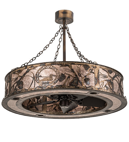 Meyda Lighting Loon 45" 16-Light Burnished Antique Copper Chandelier With Silver Mica Shade Glass and Fan