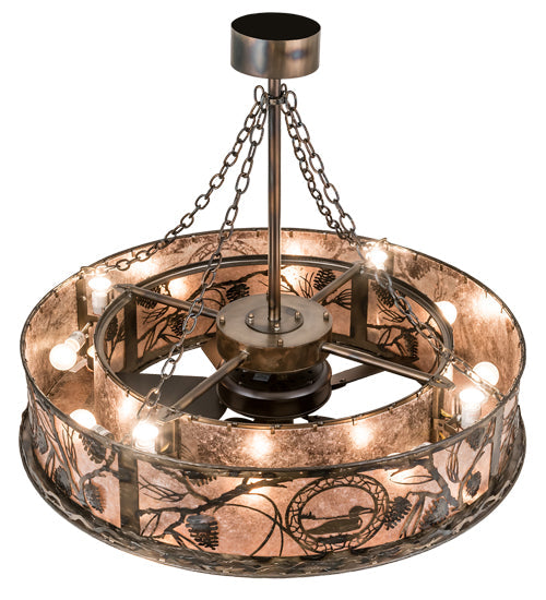 Meyda Lighting Loon 45" 16-Light Burnished Antique Copper Chandelier With Silver Mica Shade Glass and Fan