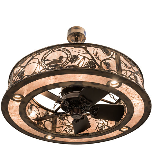 Meyda Lighting Loon 45" 16-Light Burnished Antique Copper Chandelier With Silver Mica Shade Glass and Fan