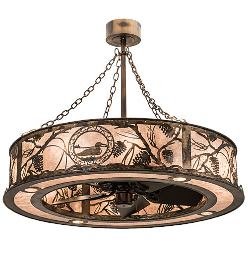 Meyda Lighting Loon 45" 16-Light Burnished Antique Copper Chandelier With Silver Mica Shade Glass and Fan