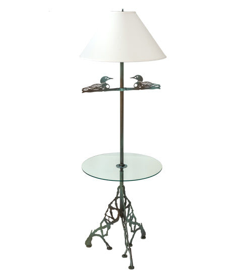 Meyda Lighting Loon 65" Antique Copper Verdigris Floor Lamp With Eggshell Textrene Shade and Clear Tempered Glass