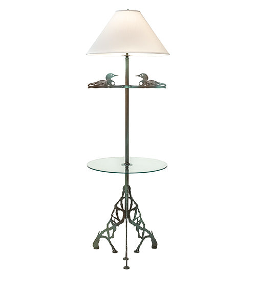 Meyda Lighting Loon 65" Antique Copper Verdigris Floor Lamp With Eggshell Textrene Shade and Clear Tempered Glass