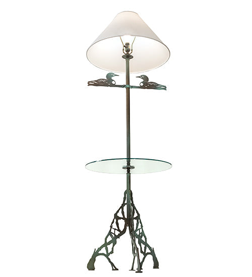 Meyda Lighting Loon 65" Antique Copper Verdigris Floor Lamp With Eggshell Textrene Shade and Clear Tempered Glass