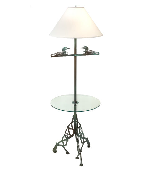 Meyda Lighting Loon 65" Antique Copper Verdigris Floor Lamp With Eggshell Textrene Shade and Clear Tempered Glass