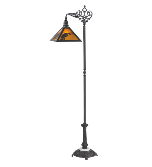 Meyda Lighting Loon 68" Black Wrought Iron Pine Needle Bridge Arm Floor Lamp With Honey Art Shade Glass