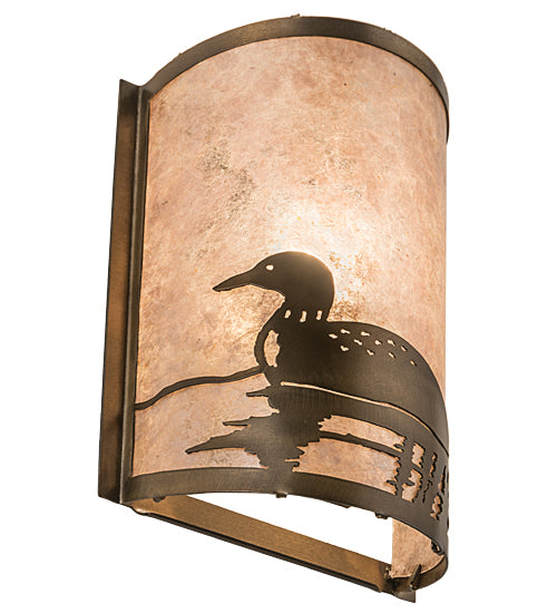 Meyda Lighting Loon 68172 8" Antique Copper Left Wall Sconce With Silver Mica Shade Glass