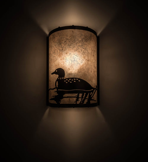 Meyda Lighting Loon 8" Dark Burnished Antique Copper Left Wall Sconce With Silver Mica Shade Glass