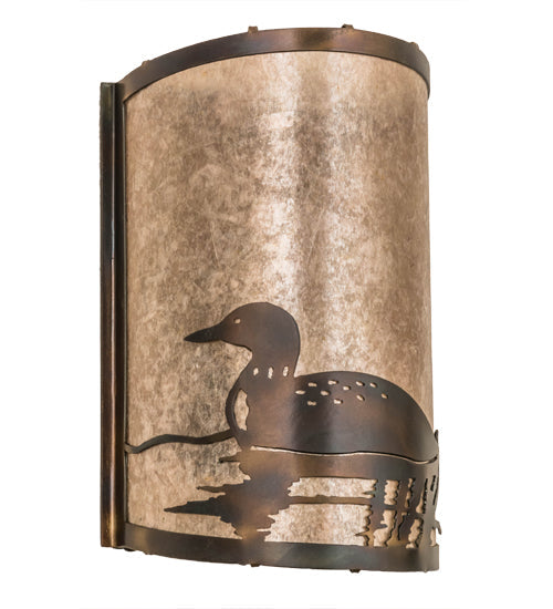 Meyda Lighting Loon 8" Dark Burnished Antique Copper Left Wall Sconce With Silver Mica Shade Glass