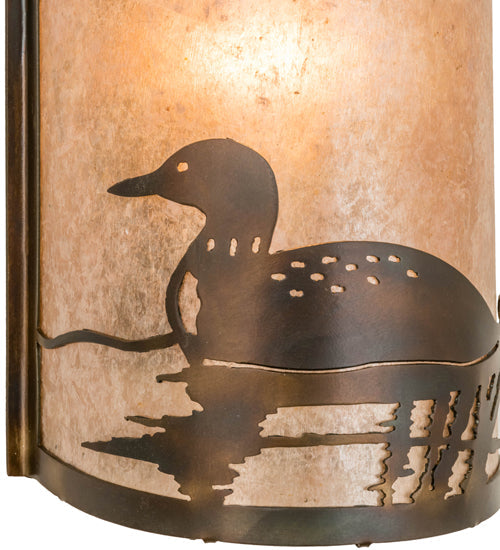 Meyda Lighting Loon 8" Dark Burnished Antique Copper Left Wall Sconce With Silver Mica Shade Glass