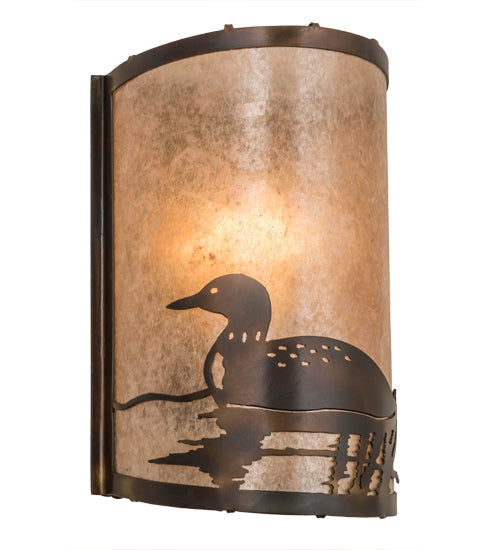 Meyda Lighting Loon 8" Dark Burnished Antique Copper Left Wall Sconce With Silver Mica Shade Glass