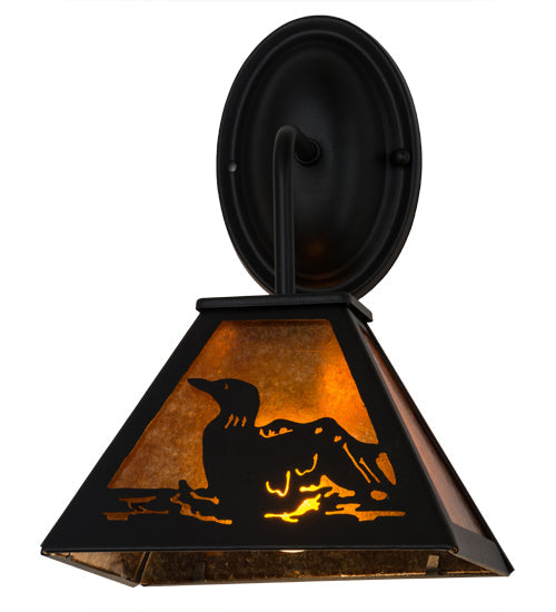 Meyda Lighting Loon 8" Textured Black Wall Sconce With Amber Mica Shade Glass
