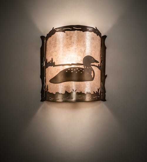 Meyda Lighting Loon 9" Antique Copper Wall Sconce With Silver Mica Shade Glass