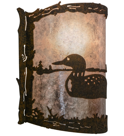 Meyda Lighting Loon 9" Distressed Chestnut Left Wall Sconce With Silver Mica Shade Glass