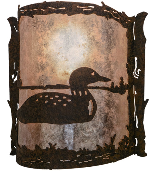 Meyda Lighting Loon 9" Distressed Chestnut Right Wall Sconce With Silver Mica Shade Glass