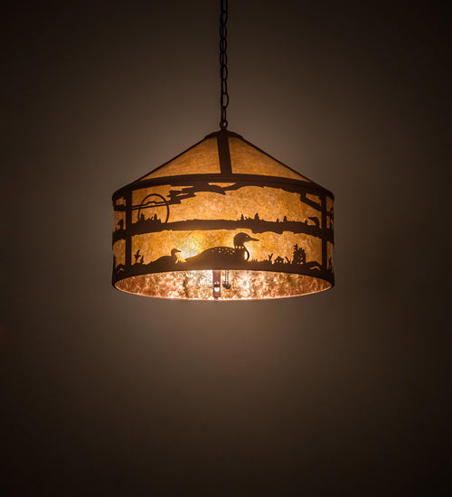 Meyda Lighting Loon On the Lake 20" 3-Light Rust Pendant Light With Amber Mica Shade Glass
