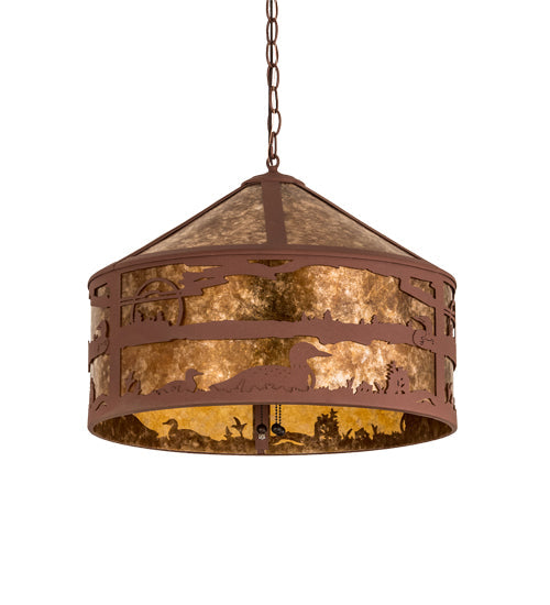 Meyda Lighting Loon On the Lake 20" 3-Light Rust Pendant Light With Amber Mica Shade Glass
