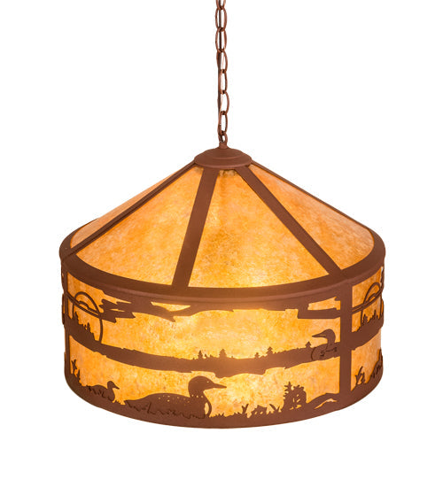 Meyda Lighting Loon On the Lake 20" 3-Light Rust Pendant Light With Amber Mica Shade Glass