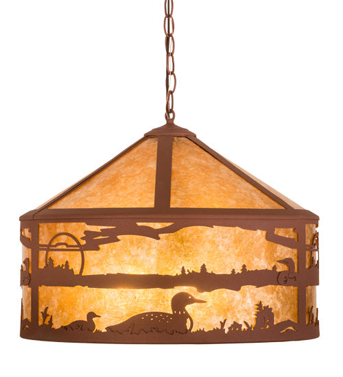 Meyda Lighting Loon On the Lake 20" 3-Light Rust Pendant Light With Amber Mica Shade Glass