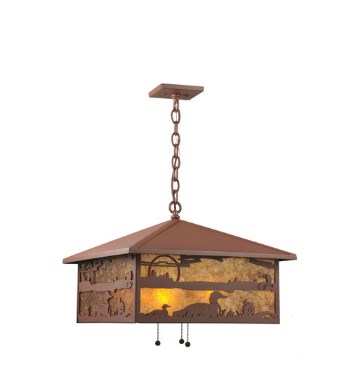 Meyda Lighting Loon On the Lake 27" 3-Light Rust Pendant Light With Amber Mica Shade Glass