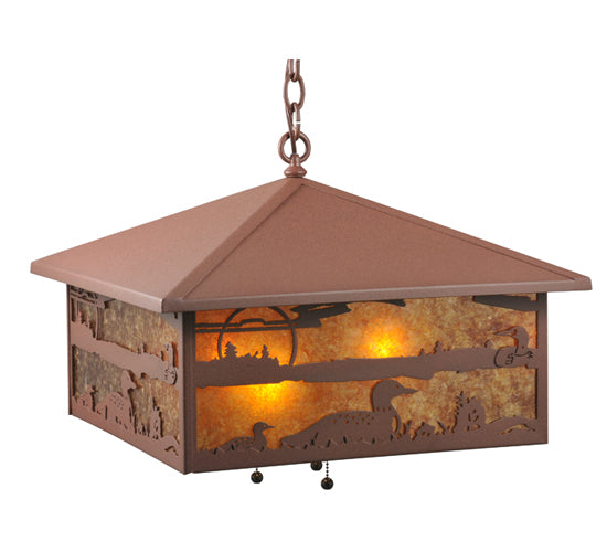 Meyda Lighting Loon On the Lake 27" 3-Light Rust Pendant Light With Amber Mica Shade Glass