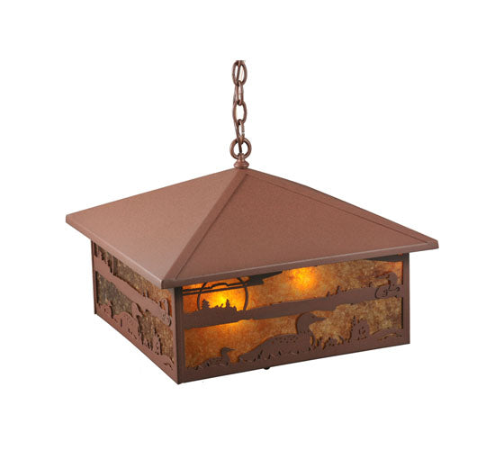 Meyda Lighting Loon On the Lake 27" 3-Light Rust Pendant Light With Amber Mica Shade Glass
