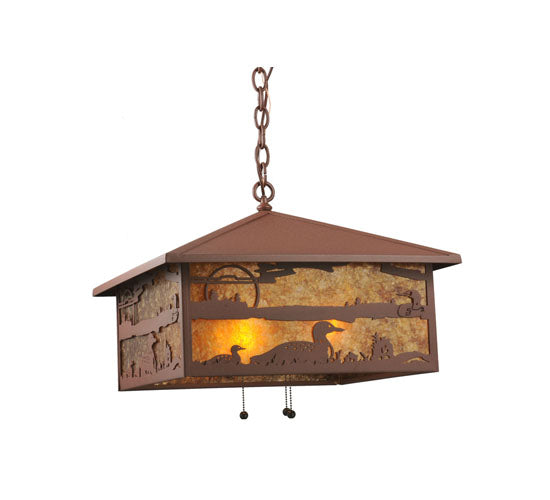 Meyda Lighting Loon On the Lake 27" 3-Light Rust Pendant Light With Amber Mica Shade Glass