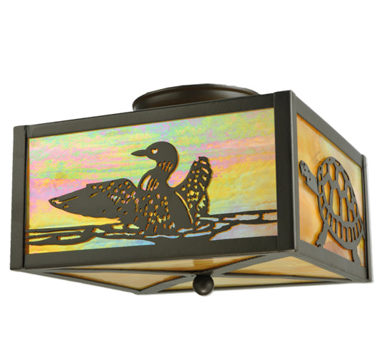 Meyda Lighting Loons & Turtles 10"Sq 2-Light Timeless Bronze Flush Mount Light With Beige Iridescent Shade Glass