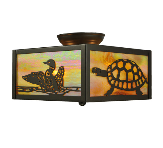 Meyda Lighting Loons & Turtles 10"Sq 2-Light Timeless Bronze Flush Mount Light With Beige Iridescent Shade Glass