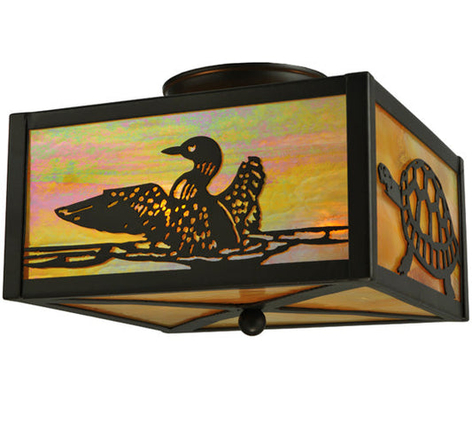 Meyda Lighting Loons & Turtles 10"Sq 2-Light Timeless Bronze Flush Mount Light With Beige Iridescent Shade Glass