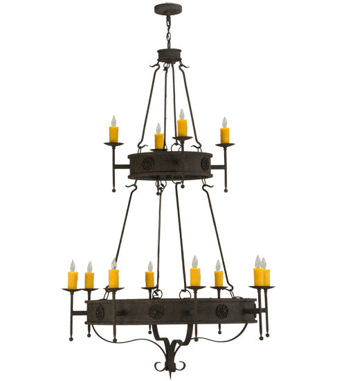 Meyda Lighting Lorenzo 48" 12-Light 2-Tier Distressed Chestnut Chandelier With Amber Faux Candlelight