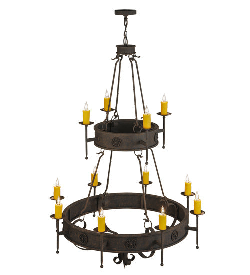 Meyda Lighting Lorenzo 48" 12-Light 2-Tier Distressed Chestnut Chandelier With Amber Faux Candlelight
