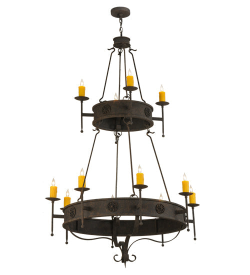 Meyda Lighting Lorenzo 48" 12-Light 2-Tier Distressed Chestnut Chandelier With Amber Faux Candlelight