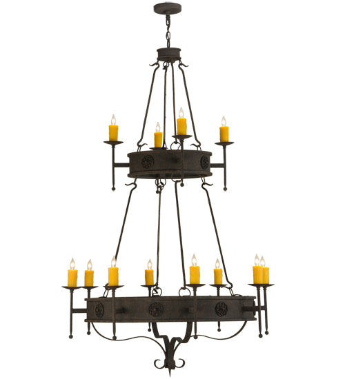 Meyda Lighting Lorenzo 48" 12-Light 2-Tier Distressed Chestnut Chandelier With Amber Faux Candlelight