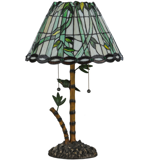 Meyda Lighting Loro Paraiso 24" 2-Light Faux Bamboo Table Lamp With Green and Amber Shade Glass
