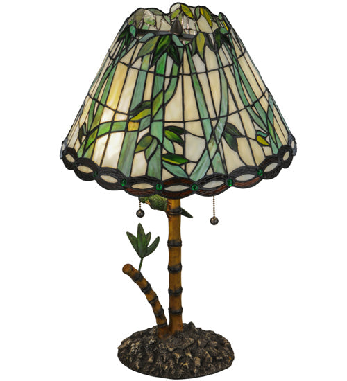 Meyda Lighting Loro Paraiso 24" 2-Light Faux Bamboo Table Lamp With Green and Amber Shade Glass