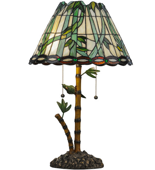 Meyda Lighting Loro Paraiso 24" 2-Light Faux Bamboo Table Lamp With Green and Amber Shade Glass